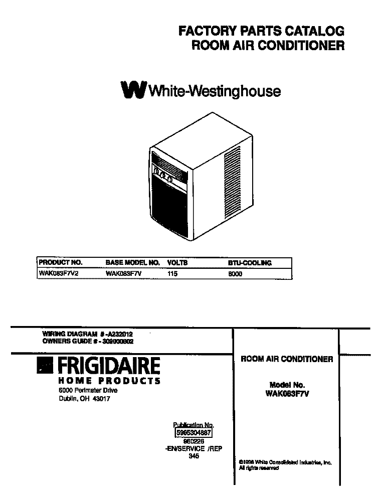 COVER Diagram and Parts List for WAK083F7V2  Frigidaire Air Conditioner