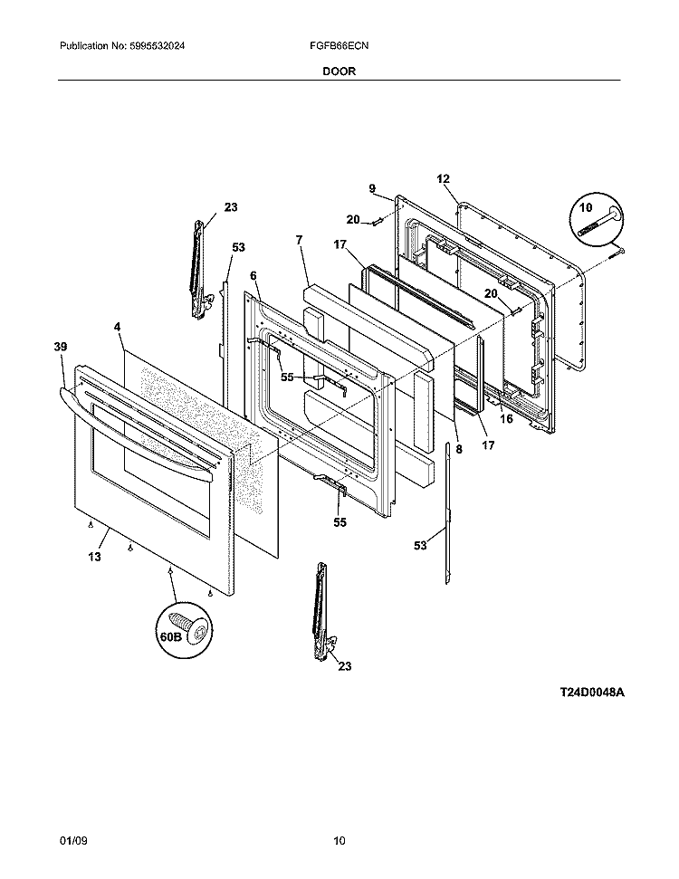 DOOR Diagram and Parts List for FGFB66ECN  Frigidaire Range