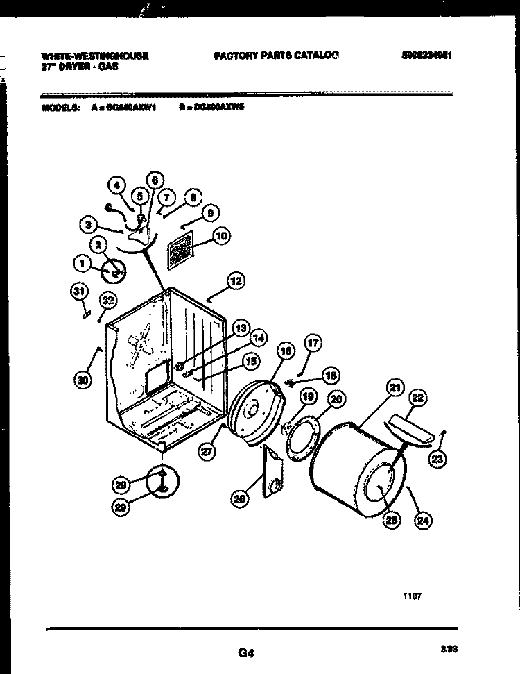 CABINET AND COMPONENT PARTS Diagram and Parts List for DG500AXW5  Frigidaire Dryer
