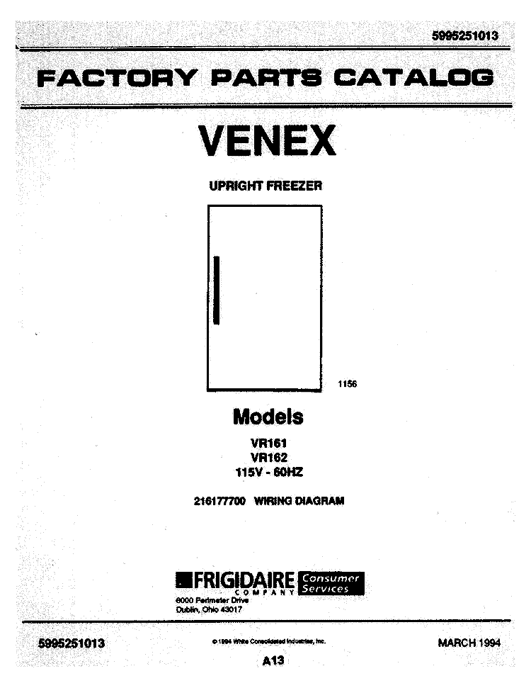 COVER Diagram and Parts List for VR162  Frigidaire Freezer