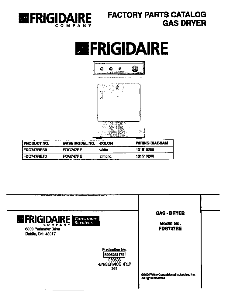 COVER Diagram and Parts List for FDG747RET0  Frigidaire Dryer