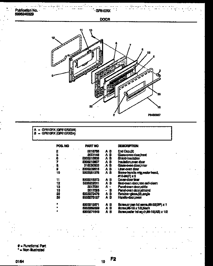 DOOR PARTS Diagram and Parts List for GF610RXW4  Frigidaire Range