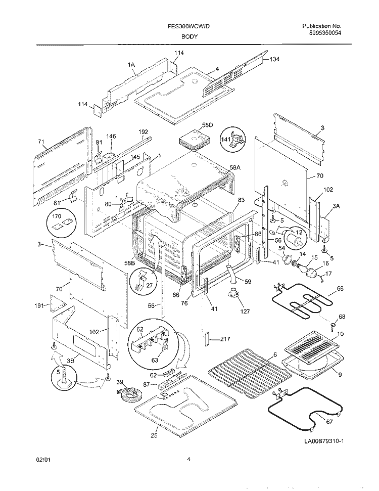 BODY Diagram and Parts List for FES300WCWJ  Frigidaire Range