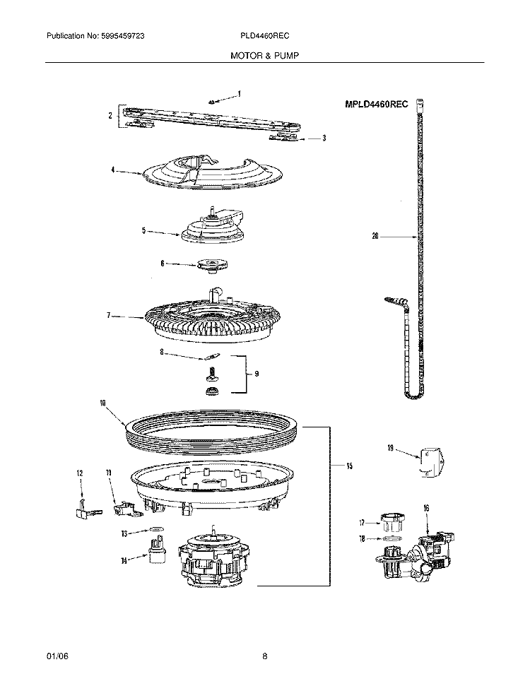 MOTOR & PUMP Diagram and Parts List for PLD4460REC  Frigidaire Dishwasher