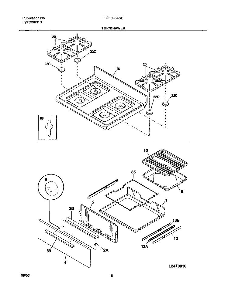 TOP / DRAWER Diagram and Parts List for FGF326ASE  Frigidaire Range