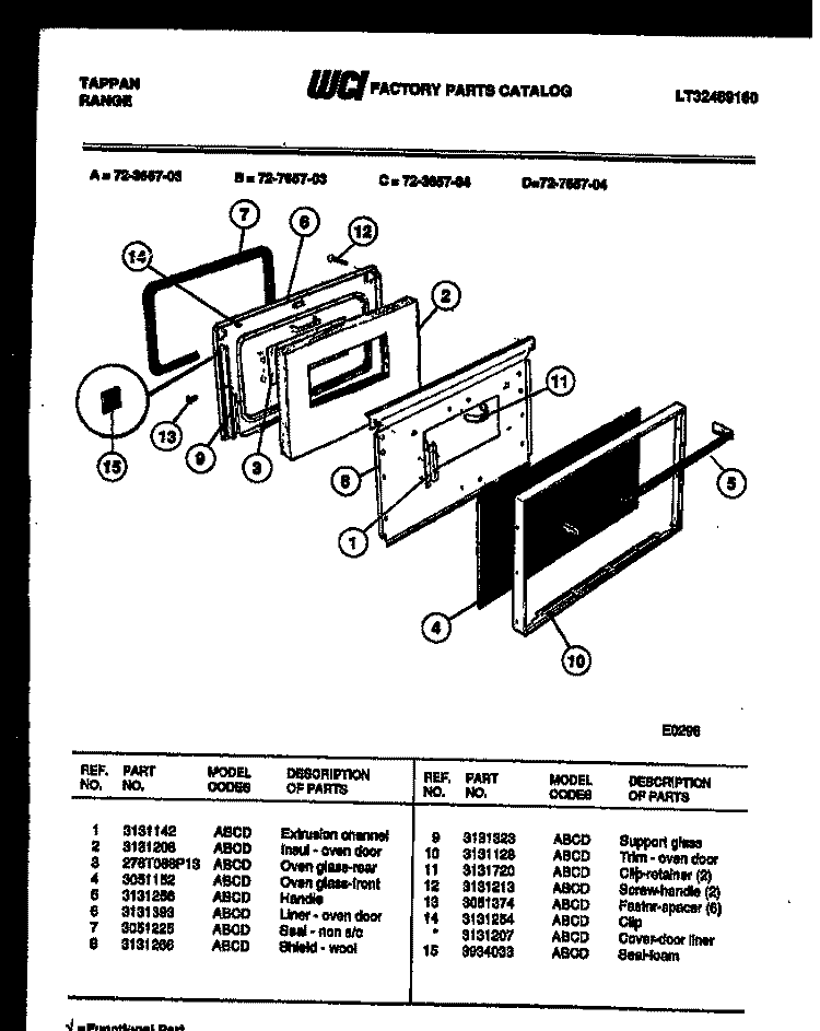 LOWER OVEN DOOR PARTS Diagram and Parts List for 72-3657-00-04  Tappan Range
