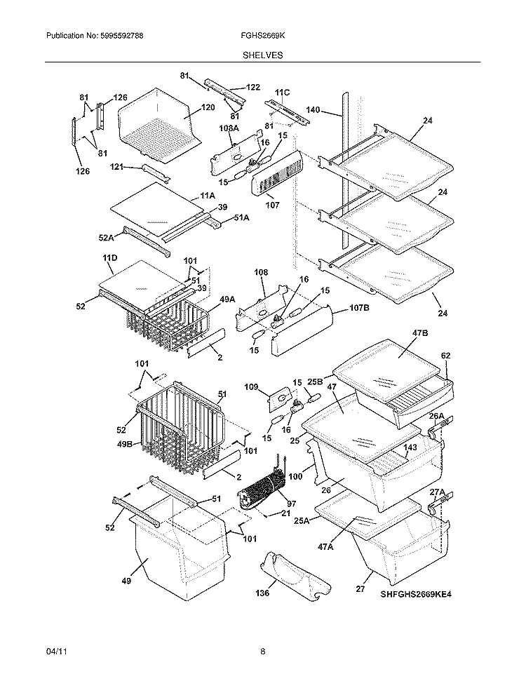 SHELVES Diagram and Parts List for FGHS2669KE4  Frigidaire Refrigerator