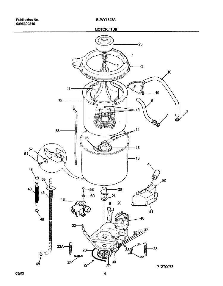 MOTOR / TUB Diagram and Parts List for GLWY1343AS0  Frigidaire Washer