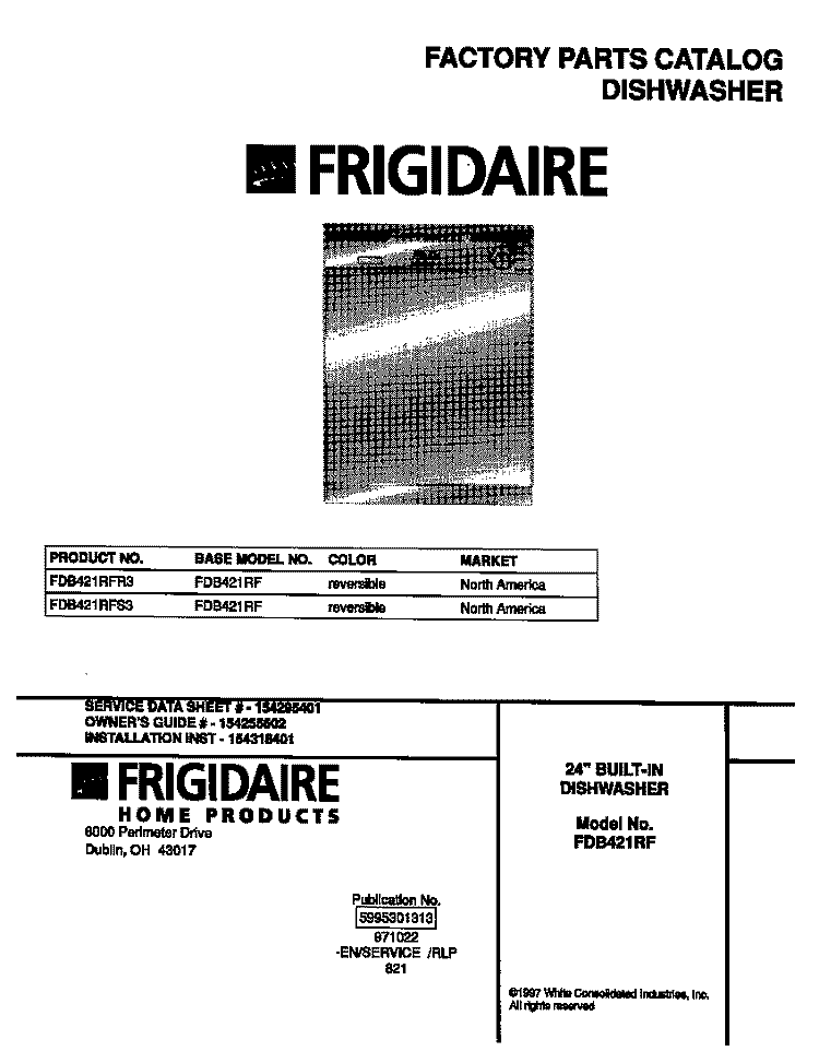 COVER Diagram and Parts List for FDB421RFR3  Frigidaire Dishwasher