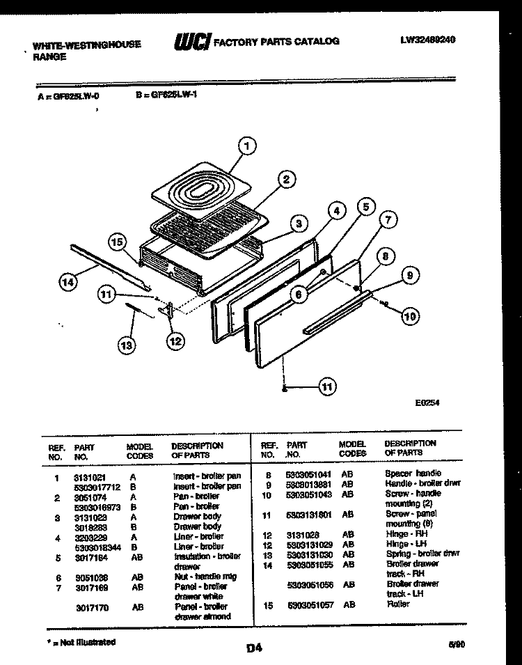 BROILER DRAWER PARTS Diagram and Parts List for GF625LD1  Frigidaire Range