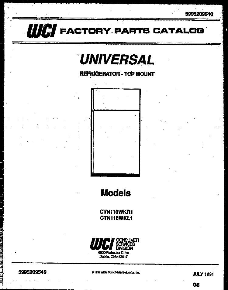COVER Diagram and Parts List for CTN110WKR1  Frigidaire Refrigerator