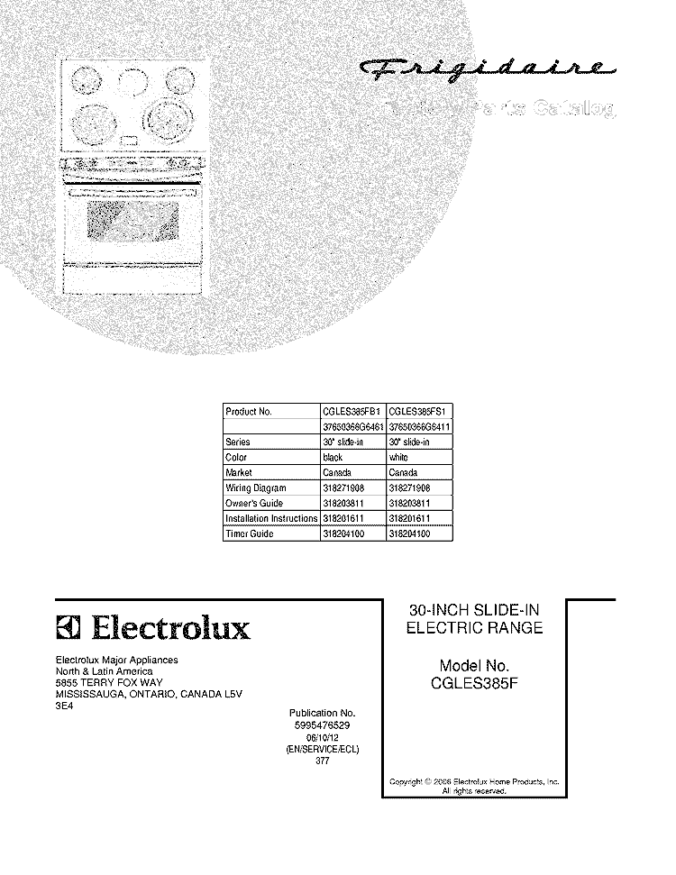 COVER Diagram and Parts List for CGLES385FS1  Frigidaire Range