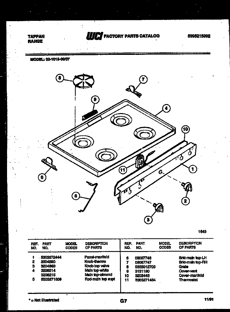COOKTOP PARTS Diagram and Parts List for 32-1019-00-07  Tappan Range