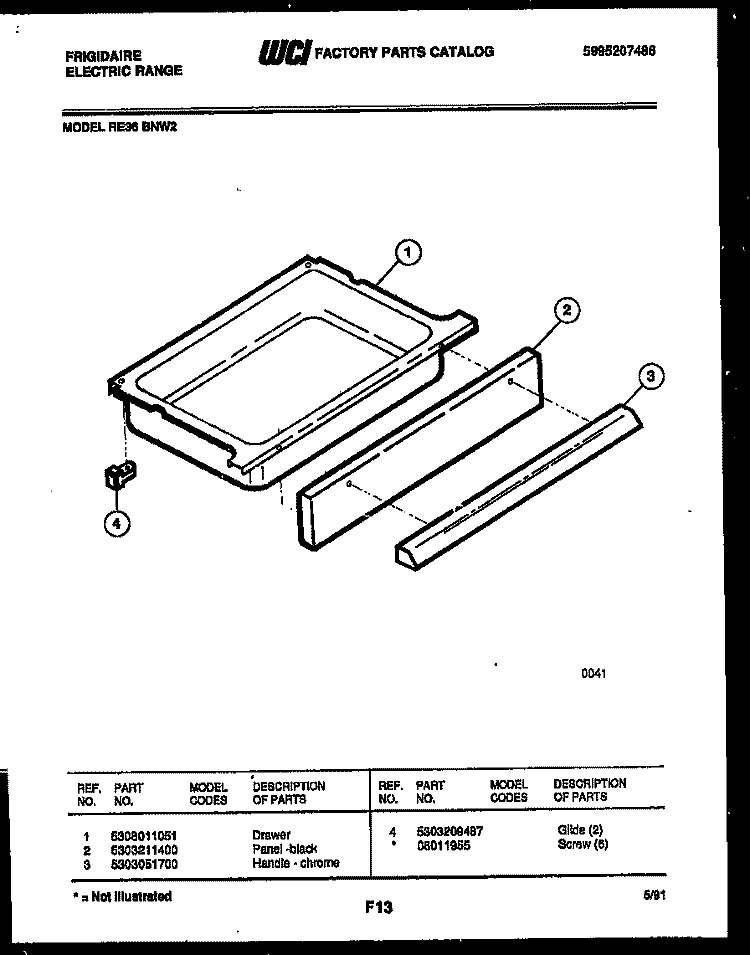 DRAWER PARTS Diagram and Parts List for RE36BNW2  Frigidaire Range