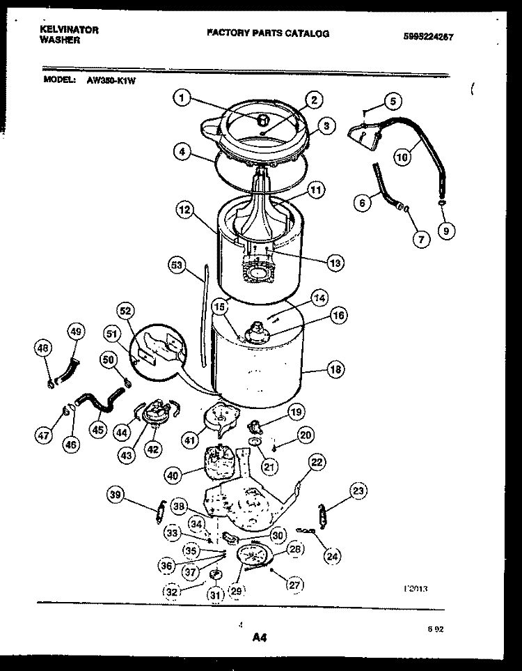 TUB DETAIL Diagram and Parts List for AW350-K1D  Kelvinator Washer