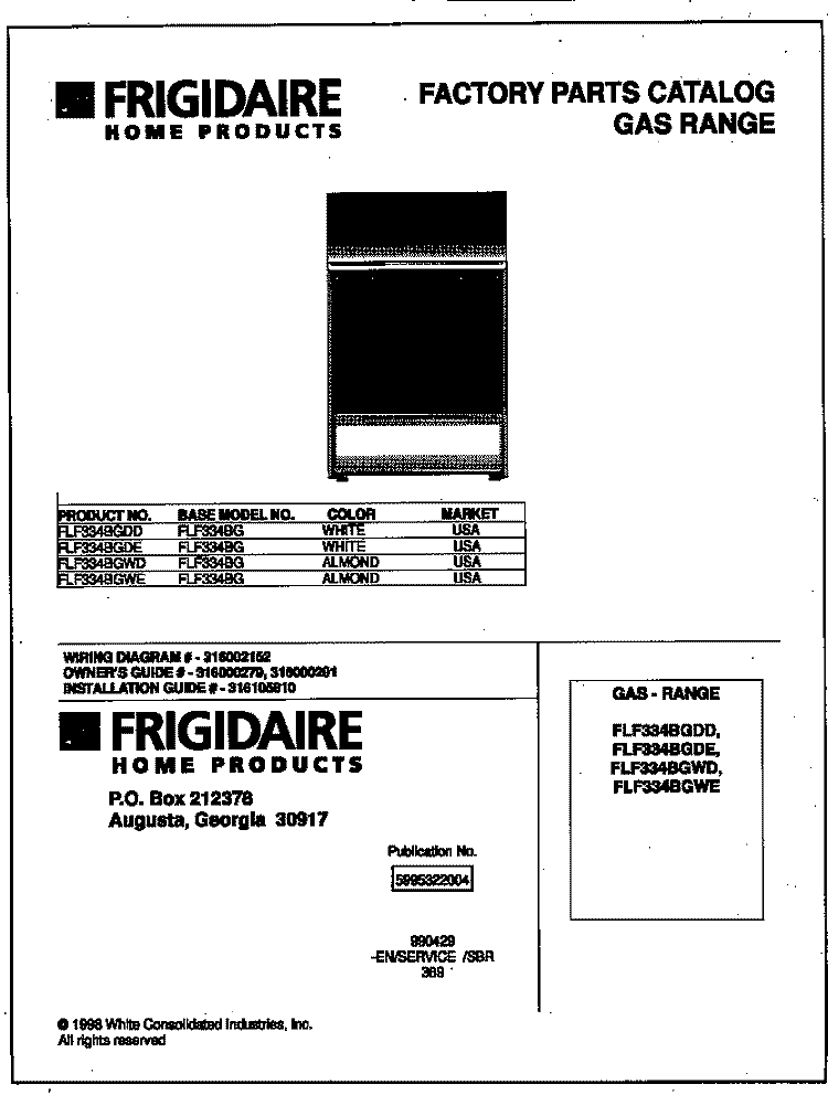 COVER Diagram and Parts List for FLF334BGDE  Frigidaire Range