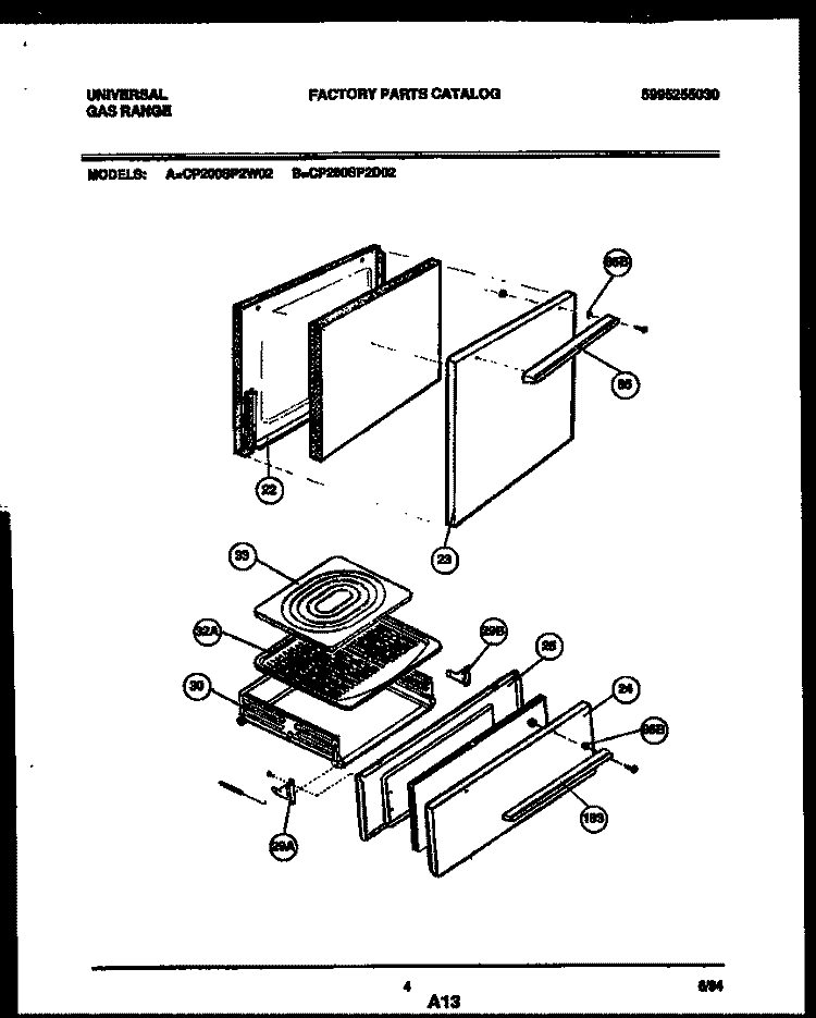 DOOR AND BROILER DRAWER PARTS Diagram and Parts List for CP200SP2D2  Frigidaire Range