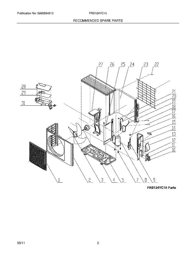 RECOMMENDED SPARE PARTS Diagram and Parts List for FRS124YC10  Frigidaire Air Conditioner