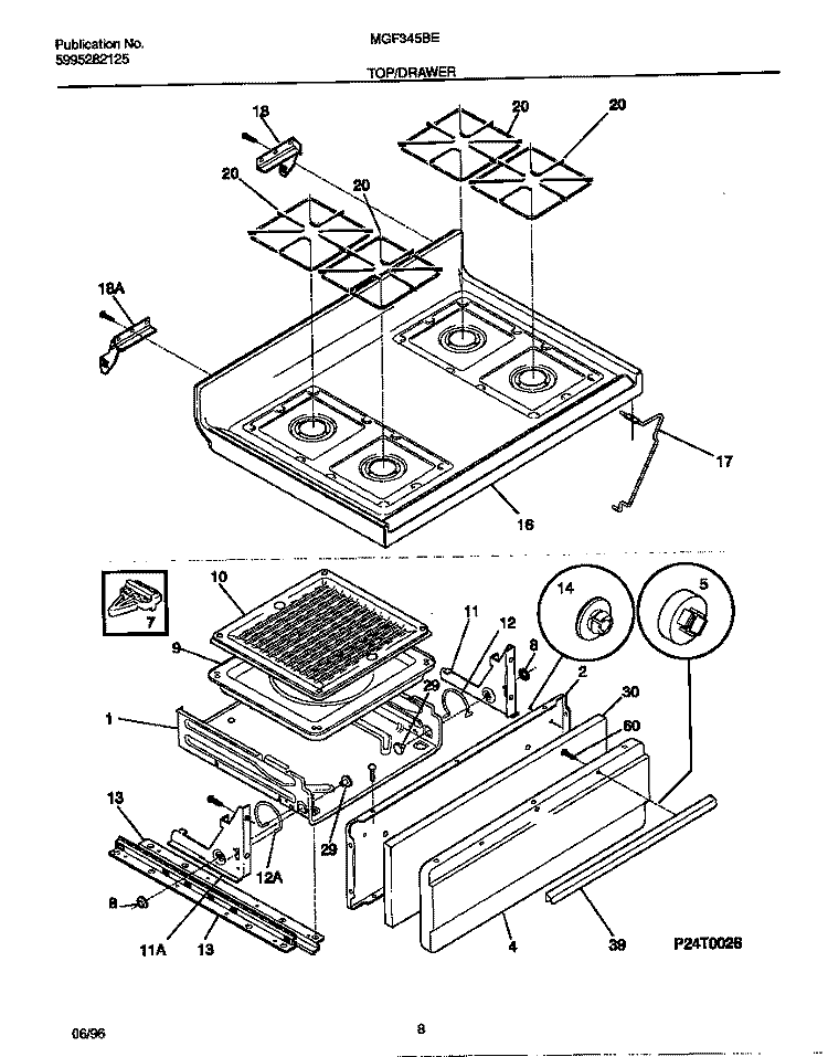 TOP / DRAWER Diagram and Parts List for MGF345BEWA  Frigidaire Range