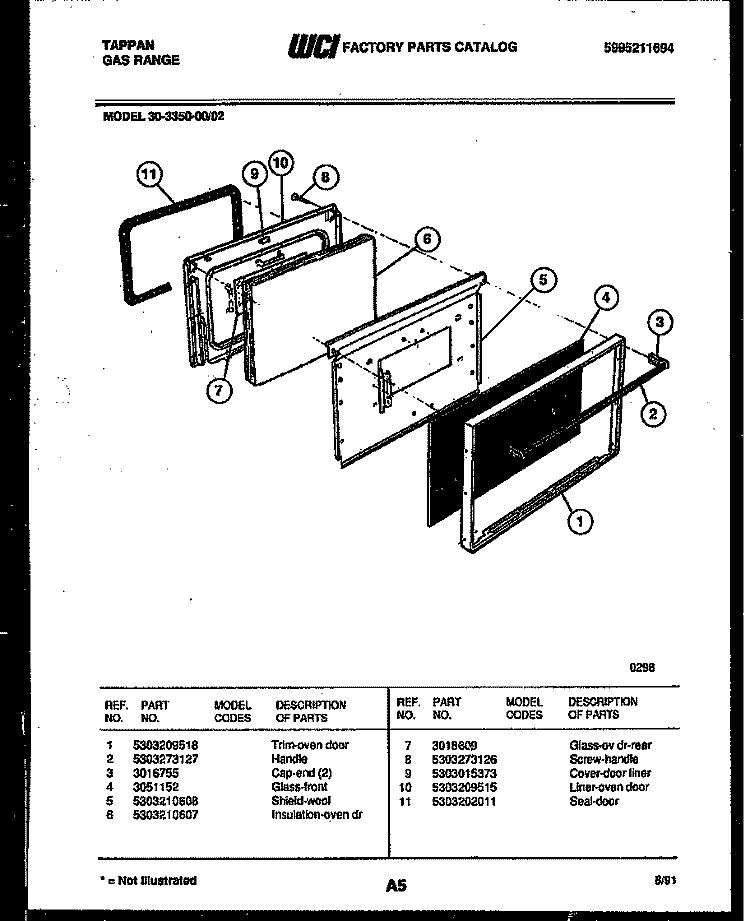 DOOR PARTS Diagram and Parts List for 30-3350-00-02  Tappan Range