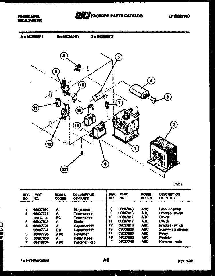 POWER CONTROL Diagram and Parts List for MC830E1  Frigidaire Microwave