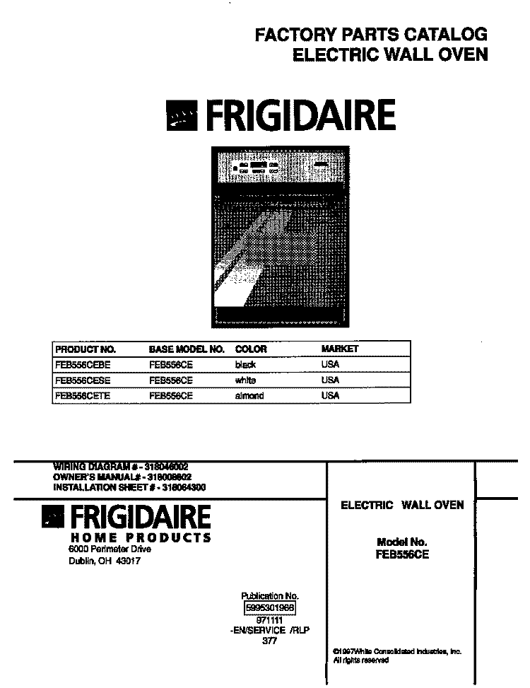 COVER Diagram and Parts List for FEB556CETE  Frigidaire Wall Oven