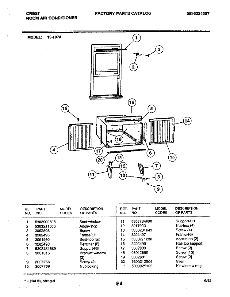 WINDOW MOUNTING ASSEMBLY Diagram and Parts List for 15-187A  Frigidaire Air Conditioner