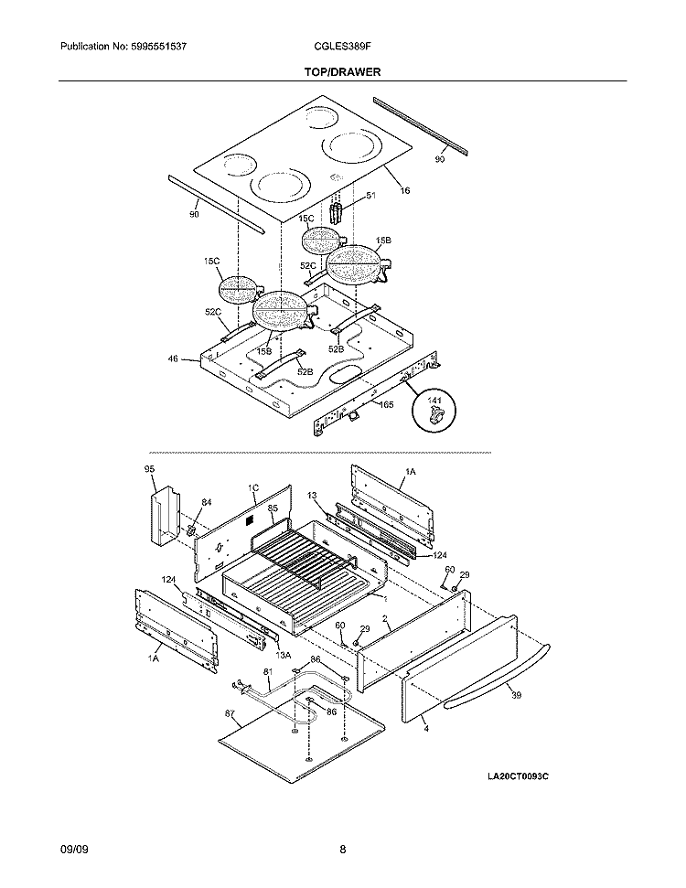TOP/DRAWER Diagram and Parts List for CGLES389FS5  Frigidaire Range