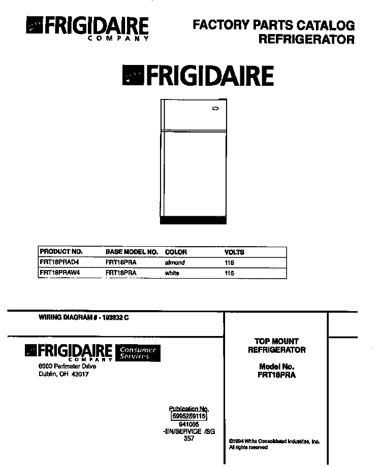 REFRIGERATOR Diagram and Parts List for FRT18PRAW4  Frigidaire Refrigerator