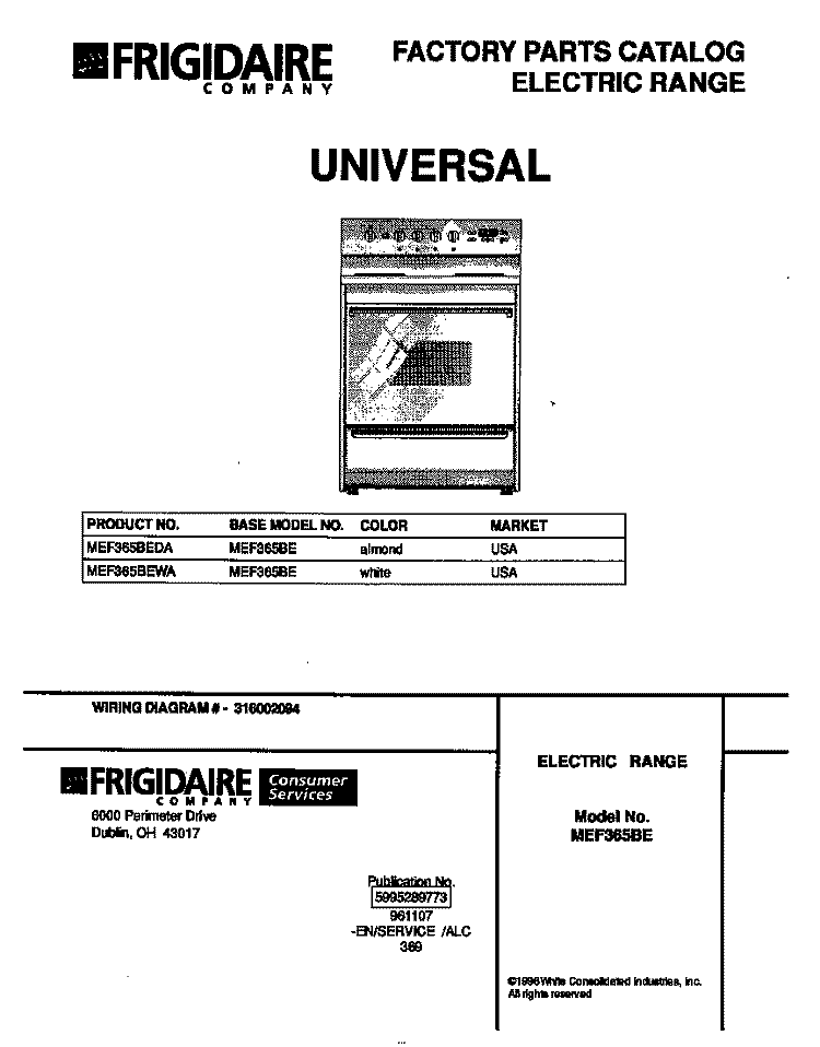 COVER Diagram and Parts List for MEF365BEDA  Frigidaire Range