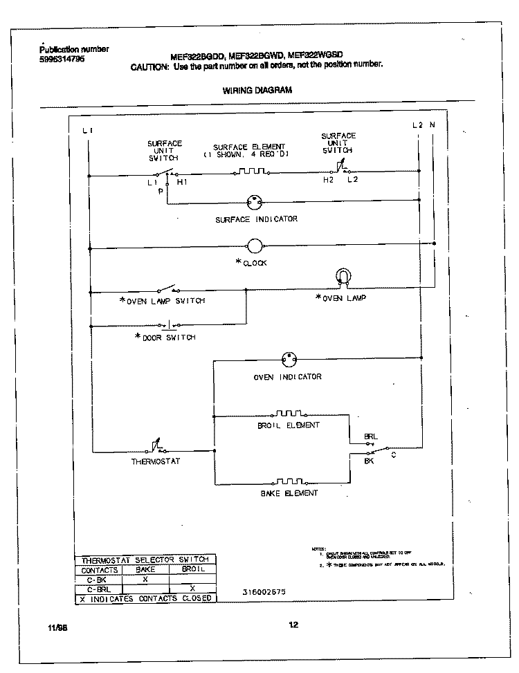 WIRING DIAGRAM Diagram and Parts List for MEF322BGDD  Frigidaire Range