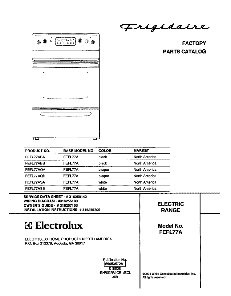 COVER Diagram and Parts List for FEFL77ABB  Frigidaire Range
