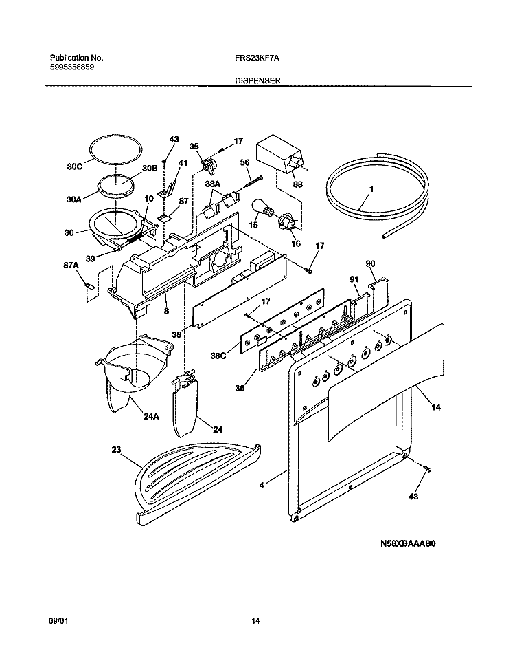 DISPENSER Diagram and Parts List for FRS23KF7AB2  Frigidaire Refrigerator