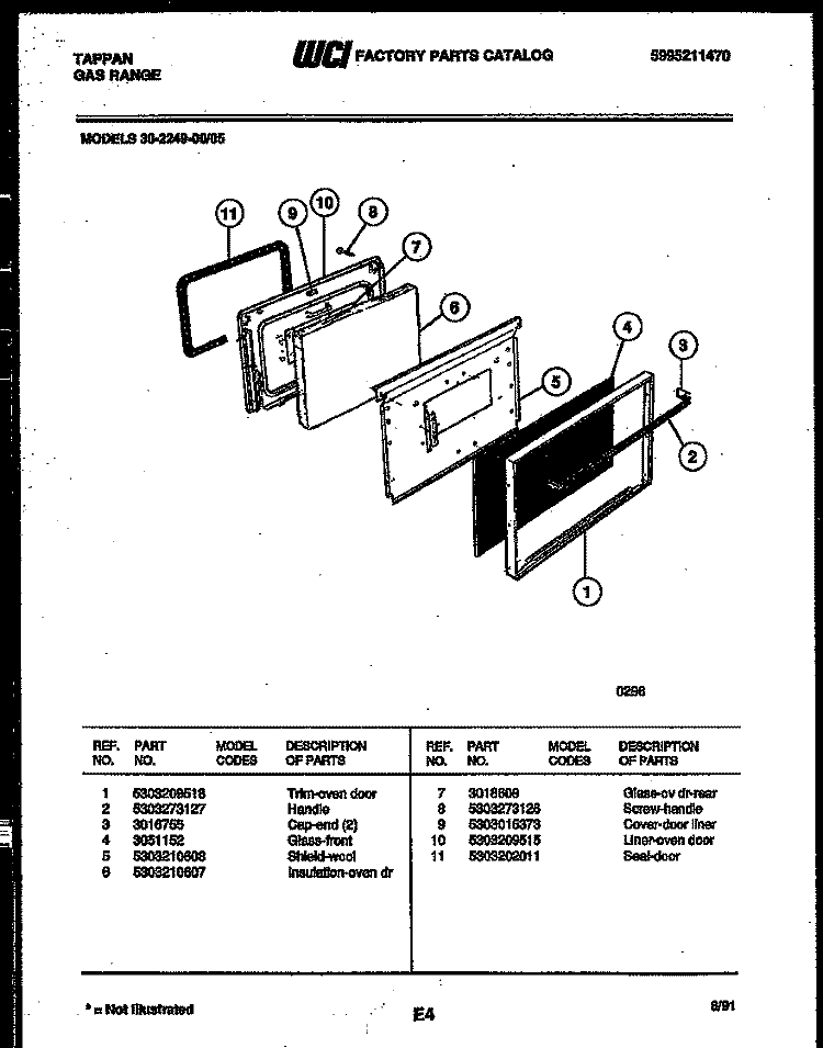 DOOR PARTS Diagram and Parts List for 30-2249-00-05  Tappan Range