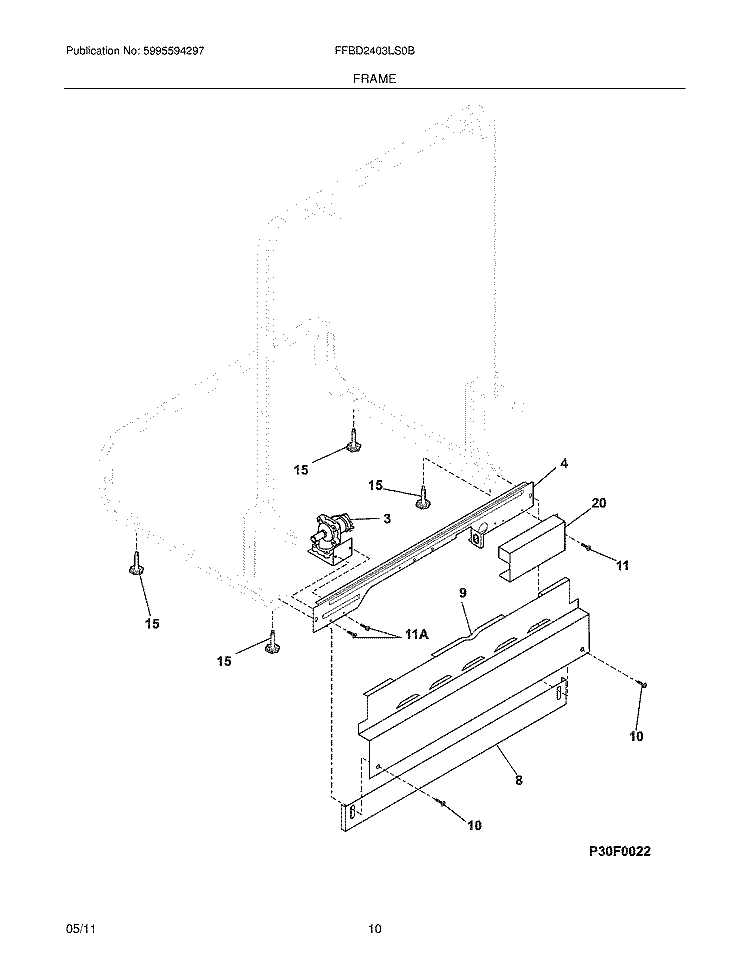 FRAME Diagram and Parts List for FFBD2403LS0B  Frigidaire Dishwasher