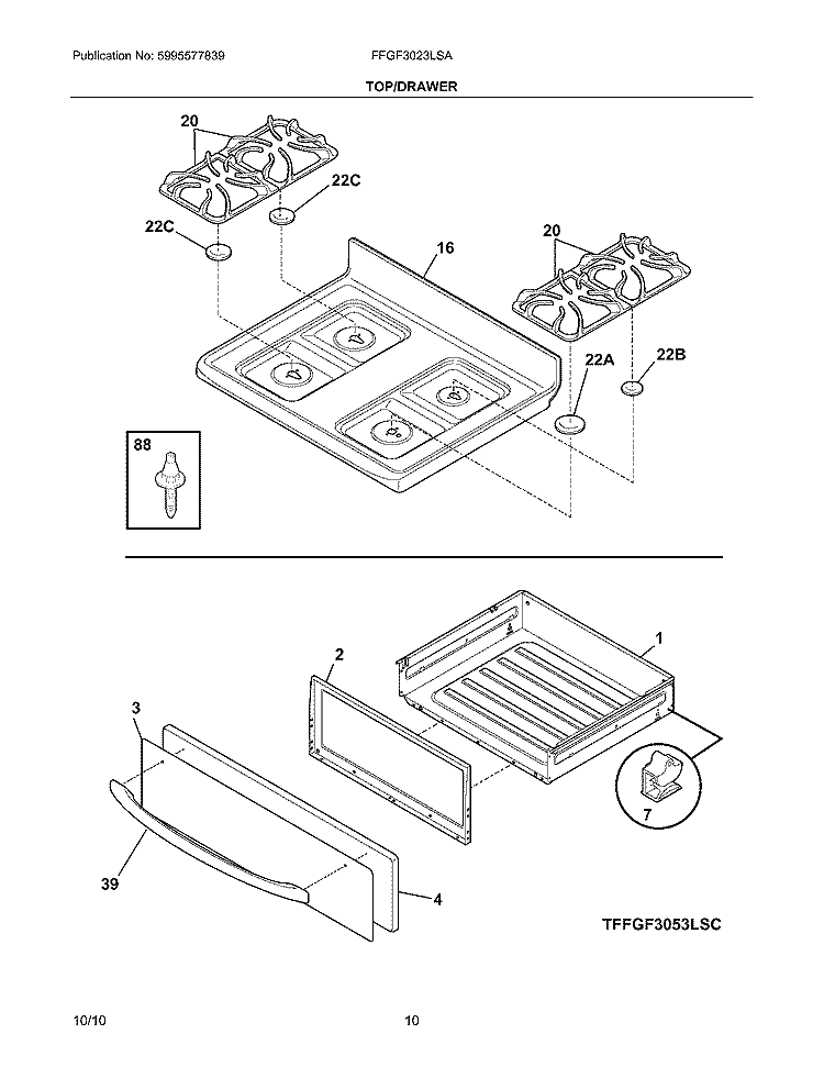TOP/DRAWER Diagram and Parts List for FFGF3023LSA  Frigidaire Range