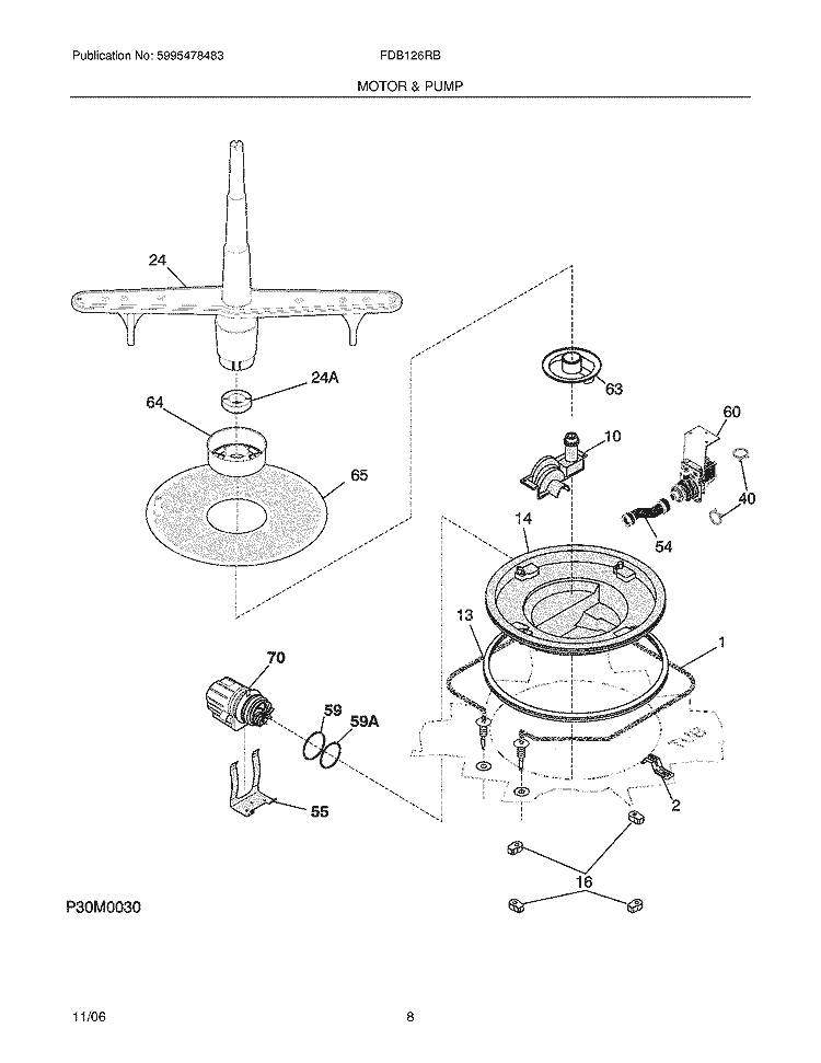 MOTOR & PUMP Diagram and Parts List for FDB126RBS4  Frigidaire Dishwasher