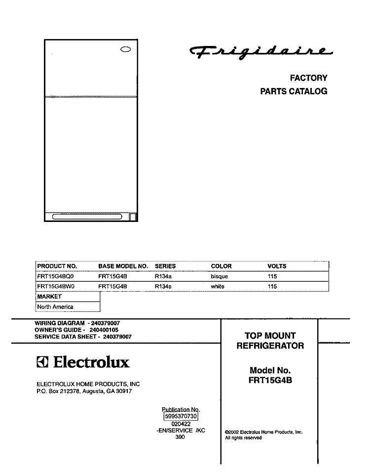 COVER Diagram and Parts List for FRT15G4BW0  Frigidaire Refrigerator