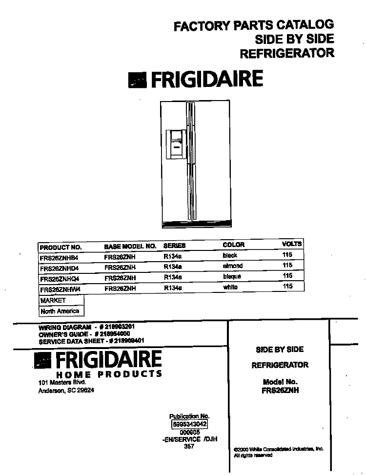 COVER Diagram and Parts List for FRS26ZNHW4  Frigidaire Refrigerator