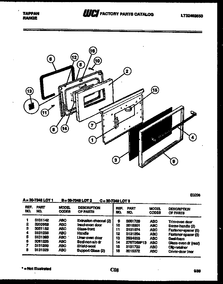 DOOR PARTS Diagram and Parts List for 30-7348-23-03  Tappan Range