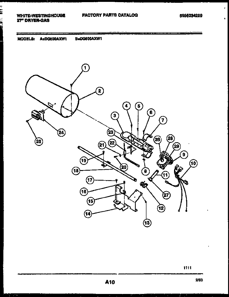 BURNER, IGNITER AND VALVE Diagram and Parts List for DG600AXD1  Frigidaire Dryer