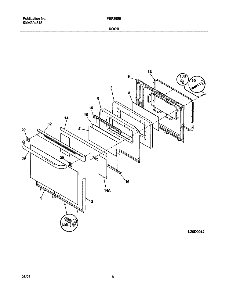 DOOR Diagram and Parts List for FEF365BUD  Frigidaire Range