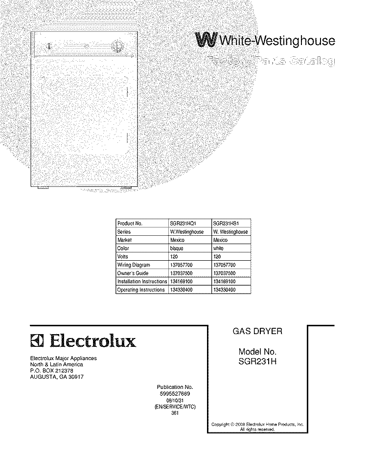 COVER Diagram and Parts List for SGR231HQ1  Westinghouse Dryer