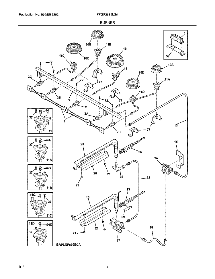 BURNER Diagram and Parts List for FPGF3685LSA  Frigidaire Range