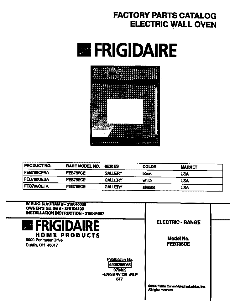 COVER Diagram and Parts List for FEB786CETA  Frigidaire Wall Oven