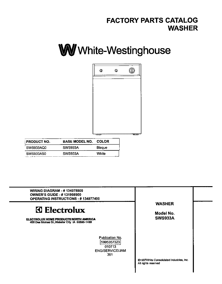 COVER Diagram and Parts List for SWS933AQ0  Westinghouse Washer