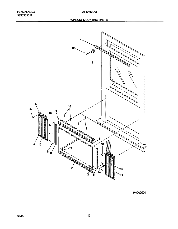 WINDOW MOUNTING PARTS Diagram and Parts List for FAL123K1A3  Frigidaire Air Conditioner