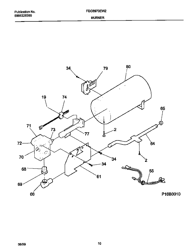 P16B0010 BURNER, VALVE Diagram and Parts List for FDG8970EW2  Frigidaire Dryer