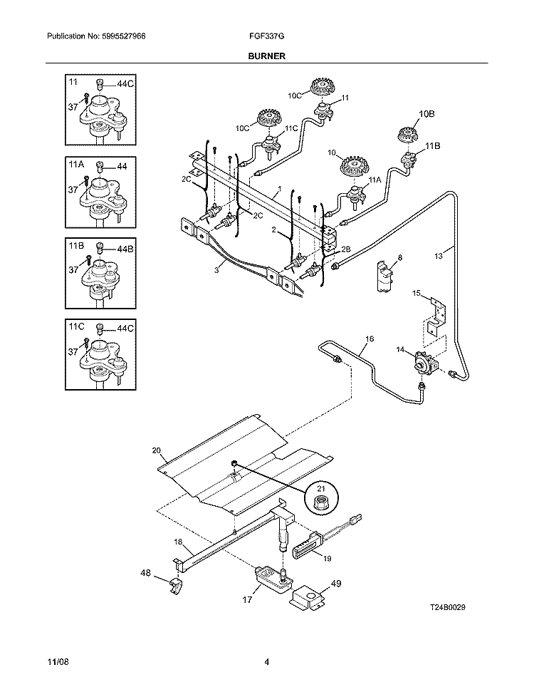 BURNER Diagram and Parts List for FGF337GUE  Frigidaire Range