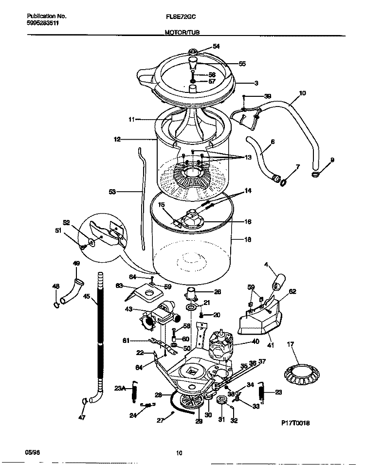 MOTOR / TUB Diagram and Parts List for FLSE72GCS3  Frigidaire Washer Dryer Combo